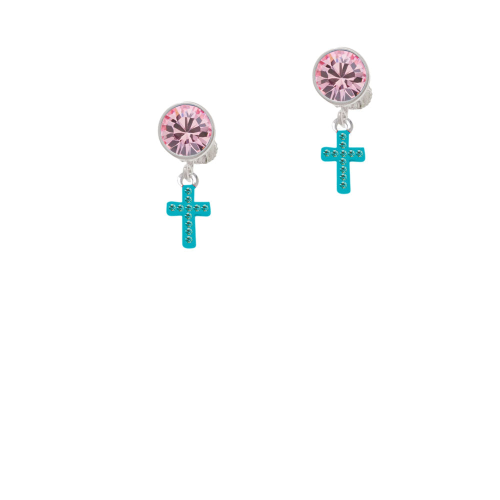 Small Teal Crystal Cross Crystal Clip On Earrings Image 4