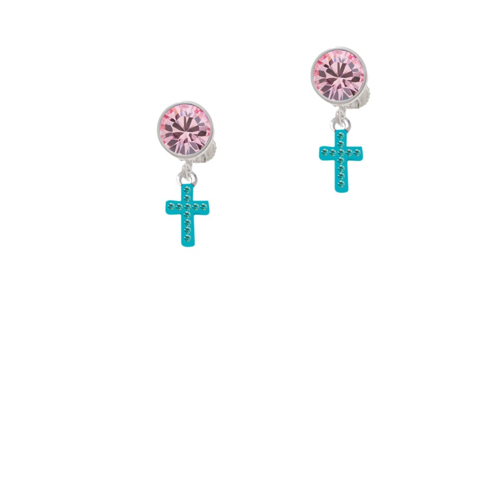 Small Teal Crystal Cross Crystal Clip On Earrings Image 1