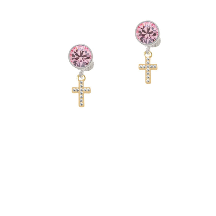 Gold Tone Small Crystal Cross Crystal Clip On Earrings Image 4