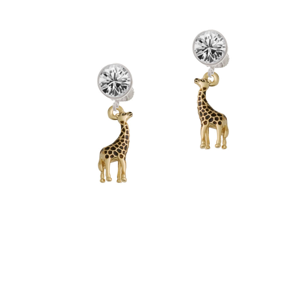 Gold Tone Brown Giraffe Crystal Clip On Earrings Image 2