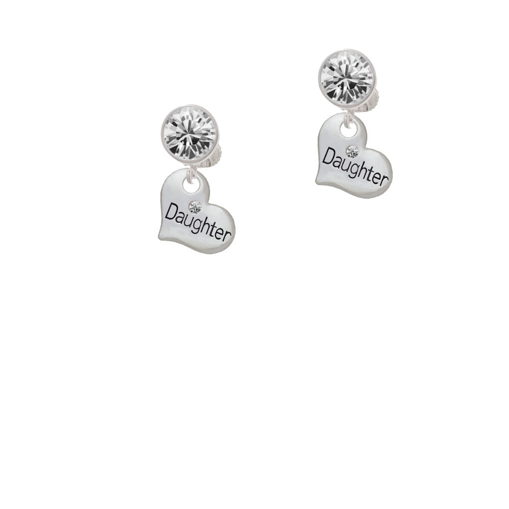 Small Daughter Heart with Clear Crystal Crystal Clip On Earrings Image 2