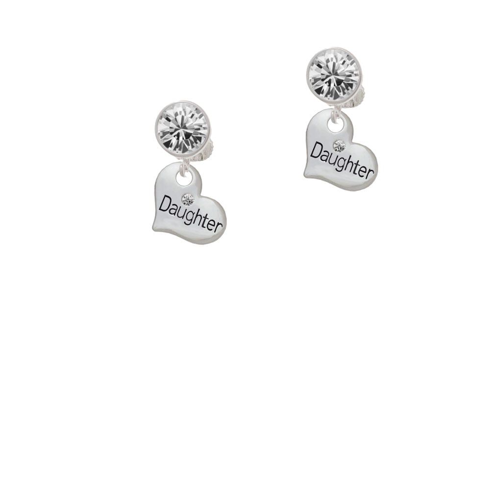 Small Daughter Heart with Clear Crystal Crystal Clip On Earrings Image 1