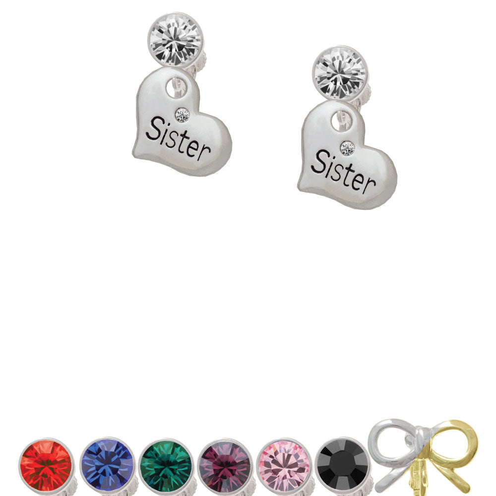 Large Sister Heart with Clear Crystal Crystal Clip On Earrings Image 1