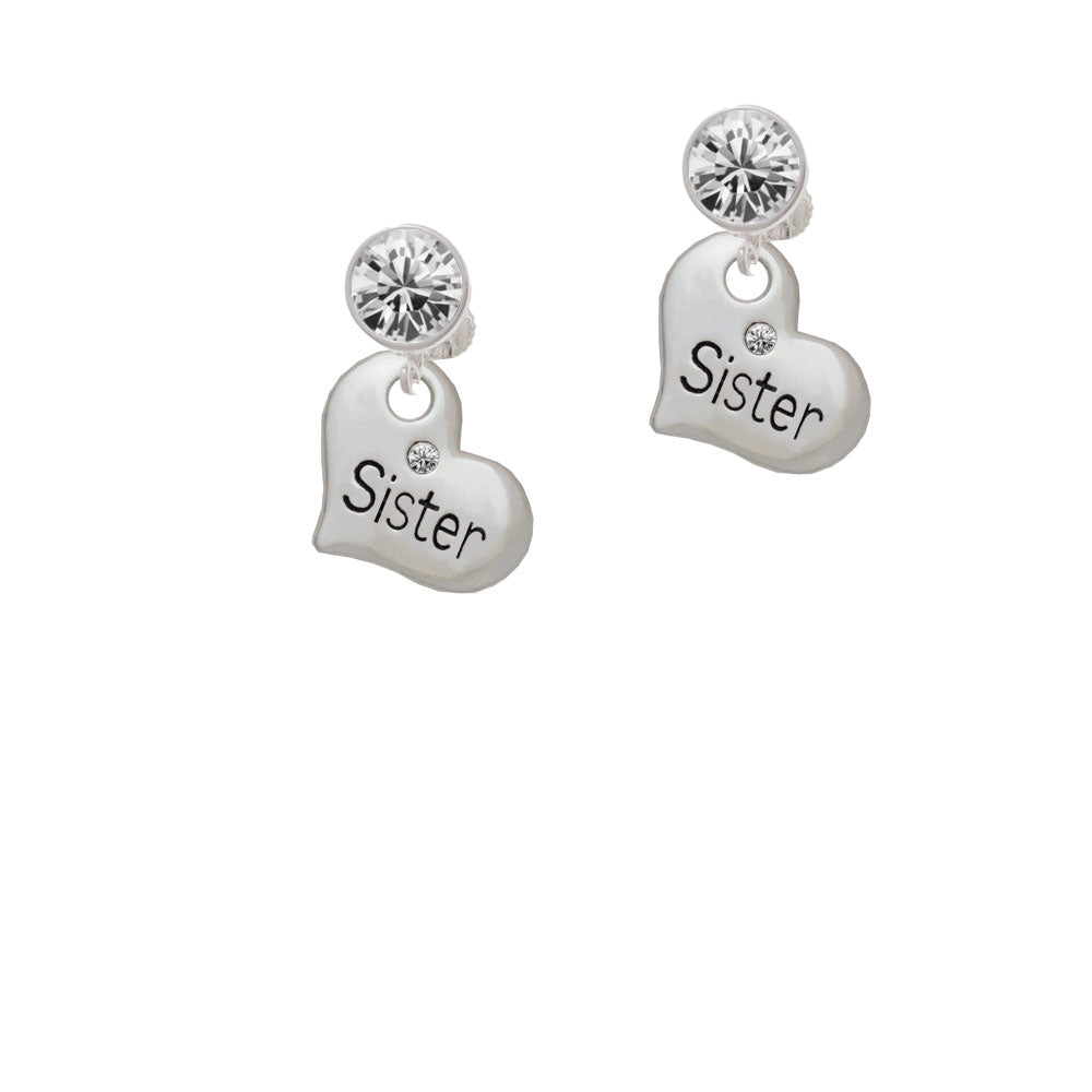 Large Sister Heart with Clear Crystal Crystal Clip On Earrings Image 2