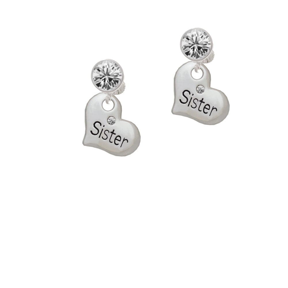 Large Sister Heart with Clear Crystal Crystal Clip On Earrings Image 1