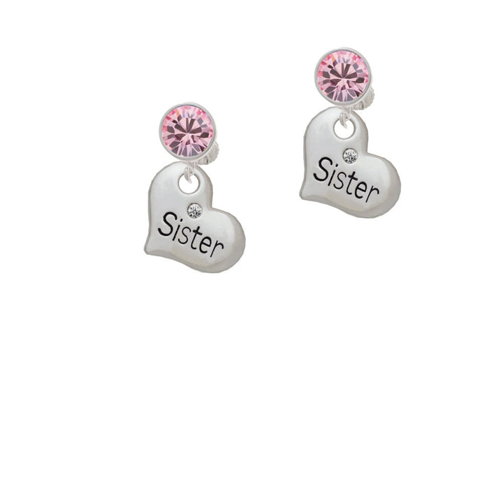 Large Sister Heart with Clear Crystal Crystal Clip On Earrings Image 4