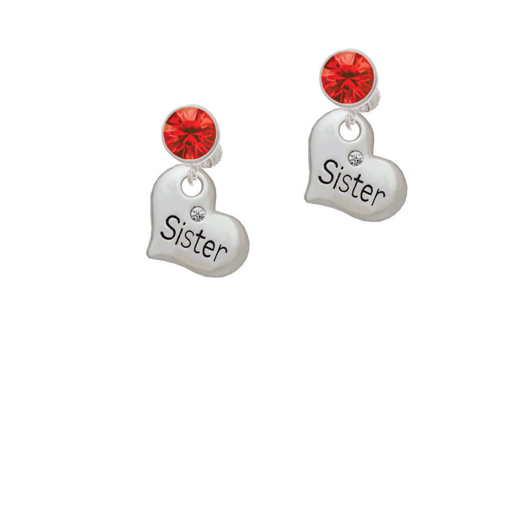 Large Sister Heart with Clear Crystal Crystal Clip On Earrings Image 4