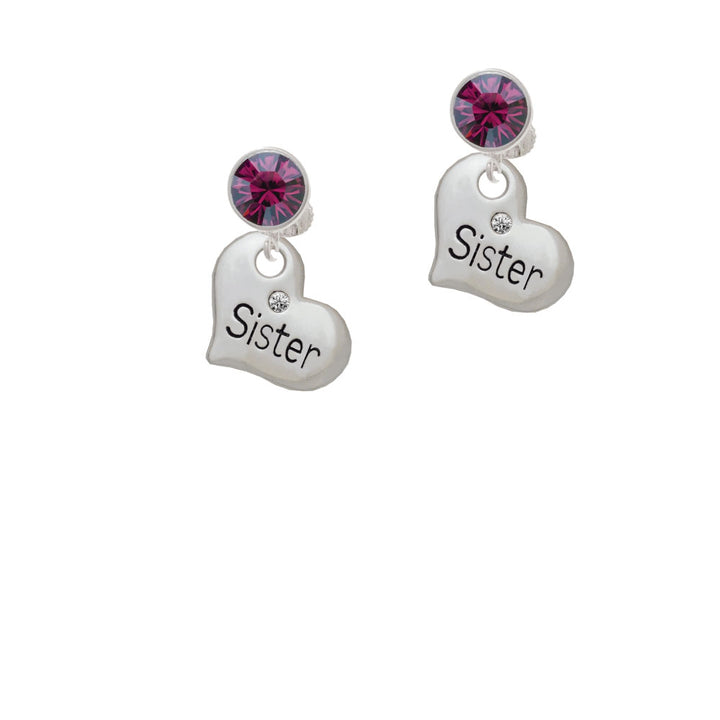 Large Sister Heart with Clear Crystal Crystal Clip On Earrings Image 8