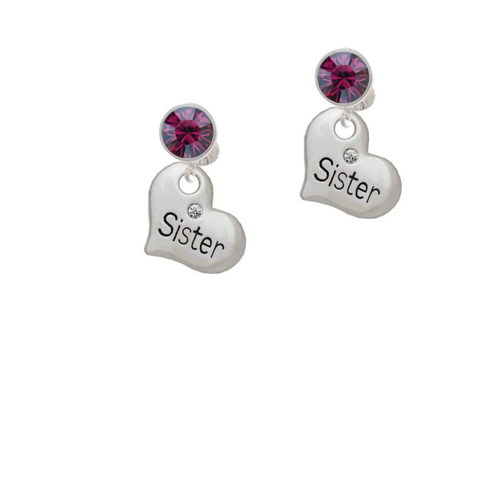 Large Sister Heart with Clear Crystal Crystal Clip On Earrings Image 1