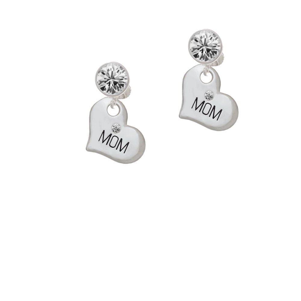 Large Mom Heart with Clear Crystal Crystal Clip On Earrings Image 1