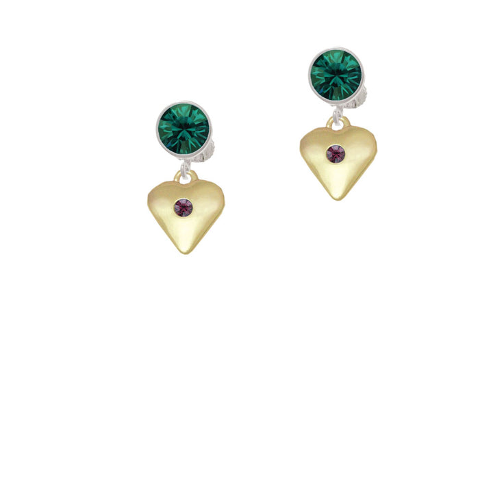 Large February - Purple Crystal Gold Tone Heart Crystal Clip On Earrings Image 6