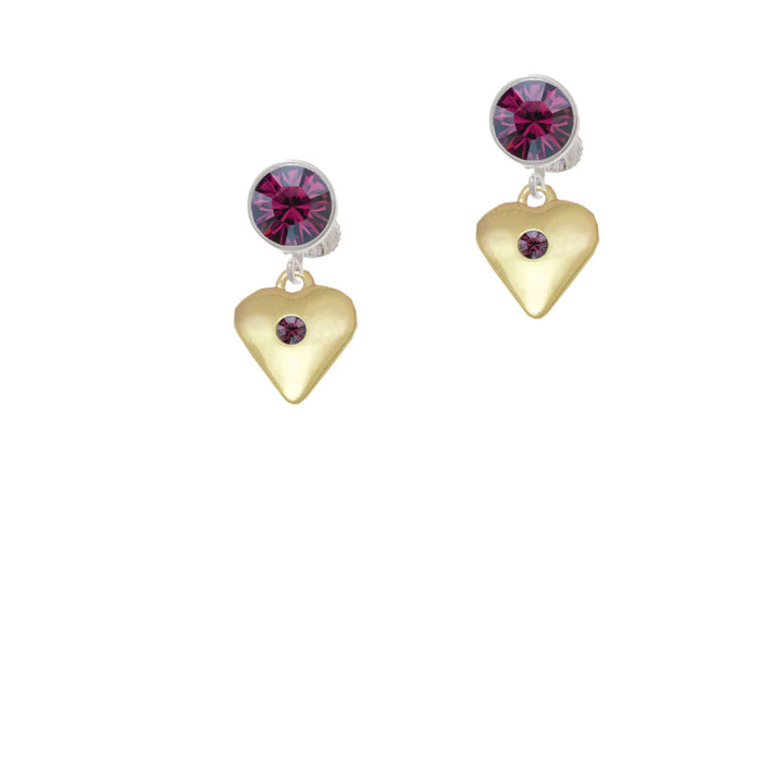 Large February - Purple Crystal Gold Tone Heart Crystal Clip On Earrings Image 8