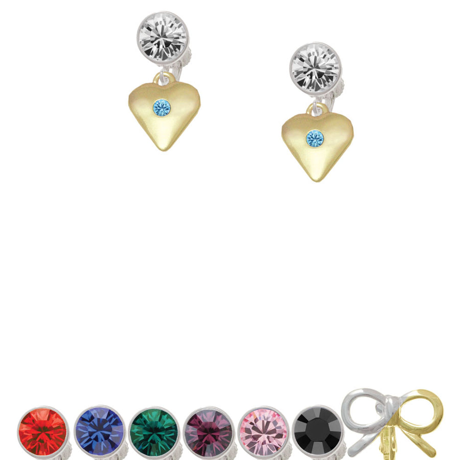 Large March - Hot Blue Crystal Gold Tone Heart Crystal Clip On Earrings Image 1