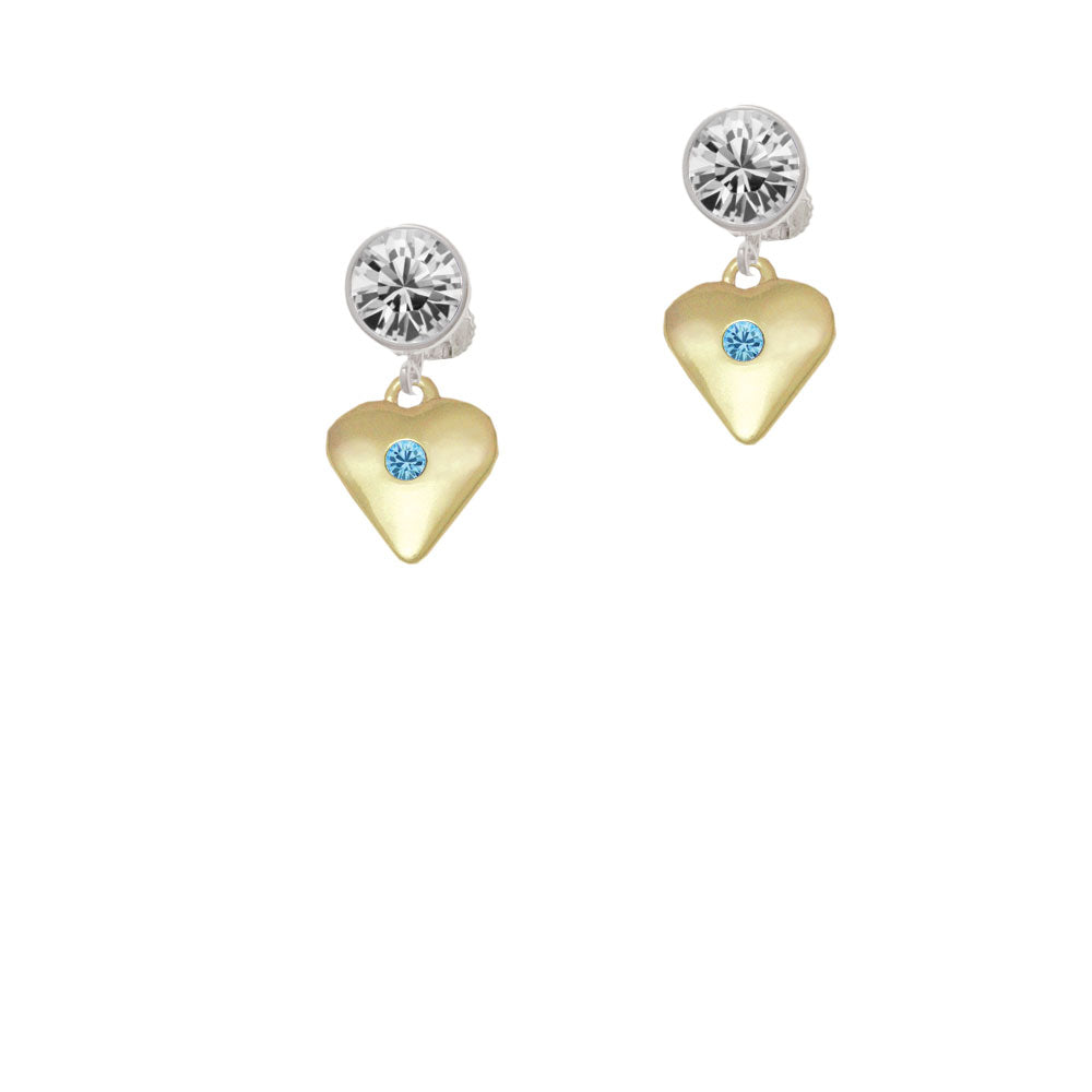 Large March - Hot Blue Crystal Gold Tone Heart Crystal Clip On Earrings Image 2