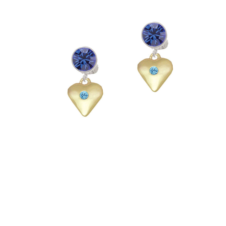 Large March - Hot Blue Crystal Gold Tone Heart Crystal Clip On Earrings Image 7