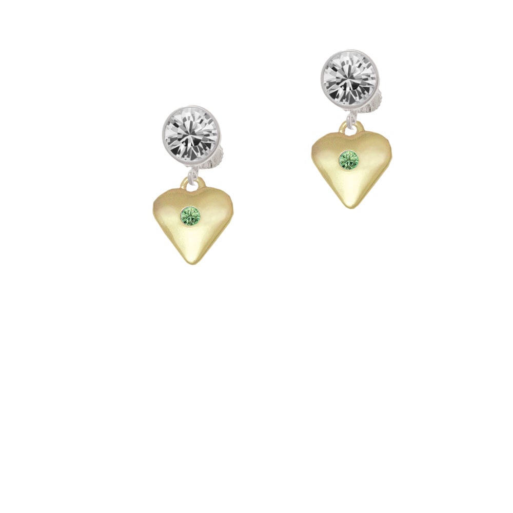 Large August - Lime Green Crystal Gold Tone Heart Crystal Clip On Earrings Image 2