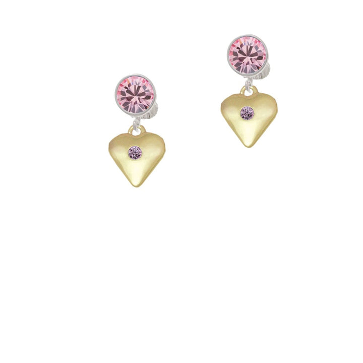 Large Light Purple Crystal Gold Tone Heart Crystal Clip On Earrings Image 1