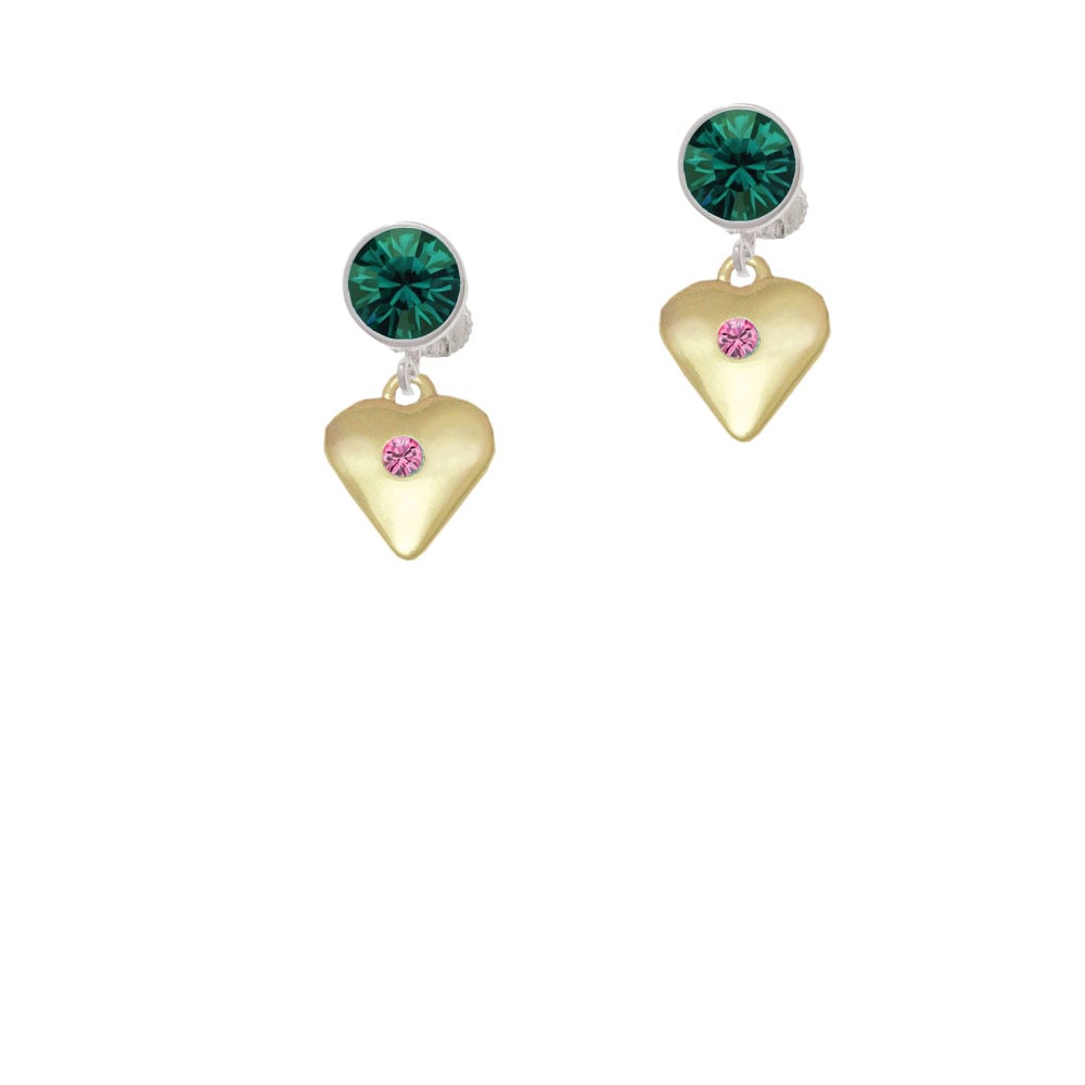 Large October - Hot Pink Crystal Gold Tone Heart Crystal Clip On Earrings Image 1