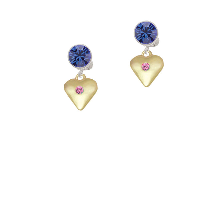 Large October - Hot Pink Crystal Gold Tone Heart Crystal Clip On Earrings Image 7