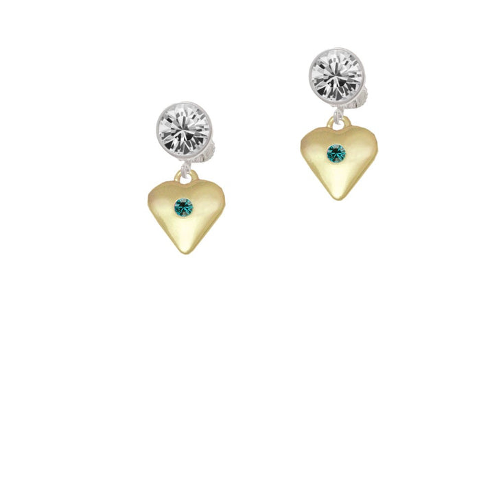 Large December - Teal Crystal Gold Tone Heart Crystal Clip On Earrings Image 1