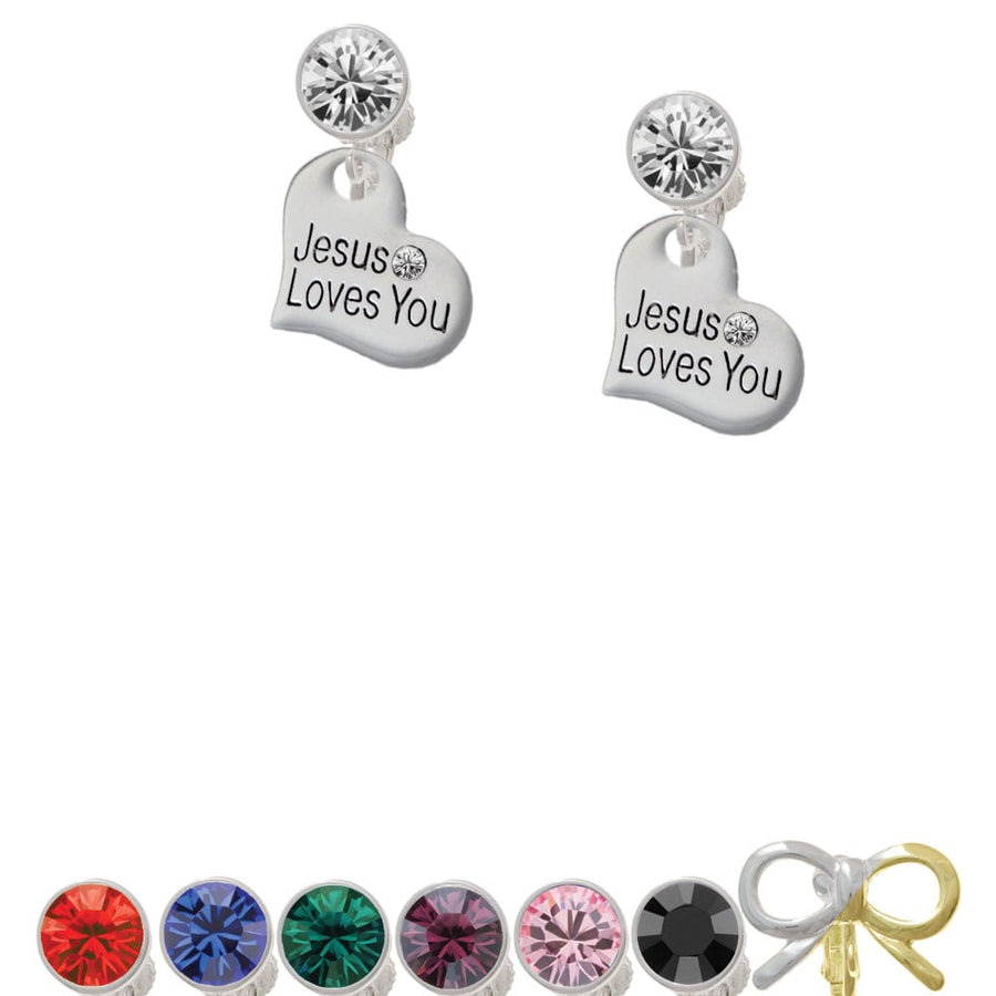 Large Jesus Loves You Heart Crystal Clip On Earrings Image 1