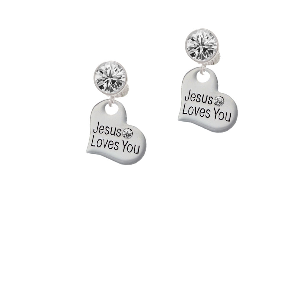 Large Jesus Loves You Heart Crystal Clip On Earrings Image 2