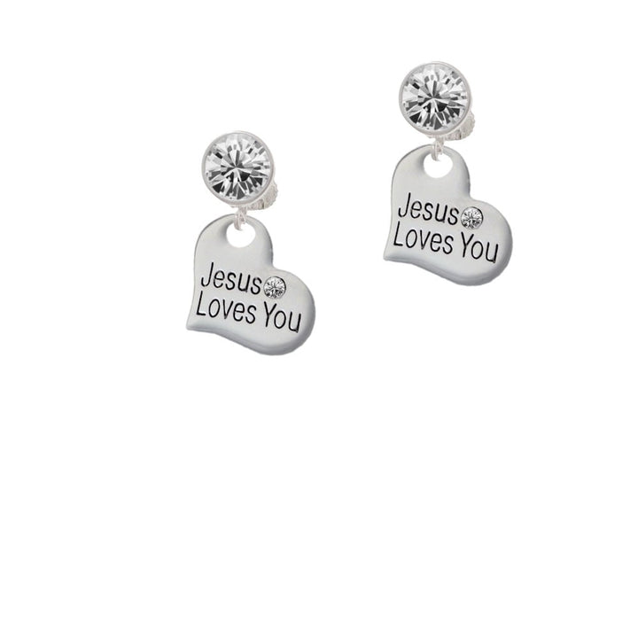 Large Jesus Loves You Heart Crystal Clip On Earrings Image 1