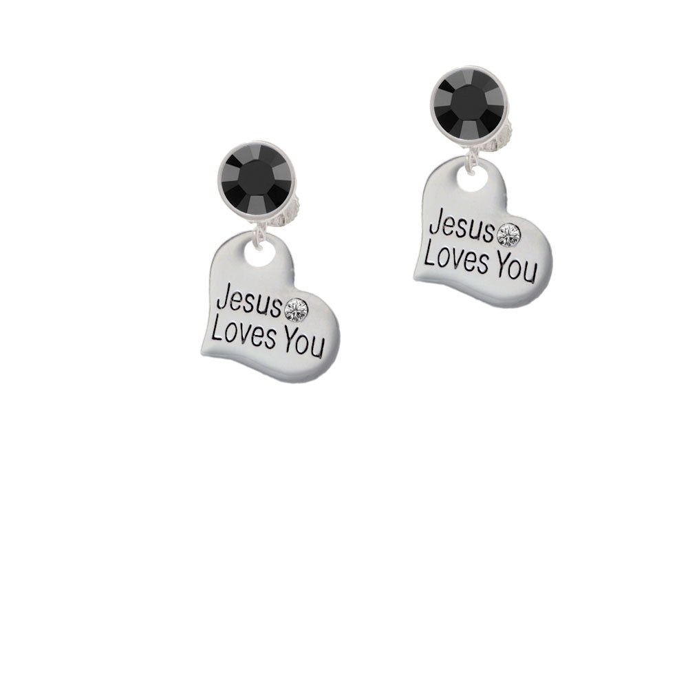 Large Jesus Loves You Heart Crystal Clip On Earrings Image 3