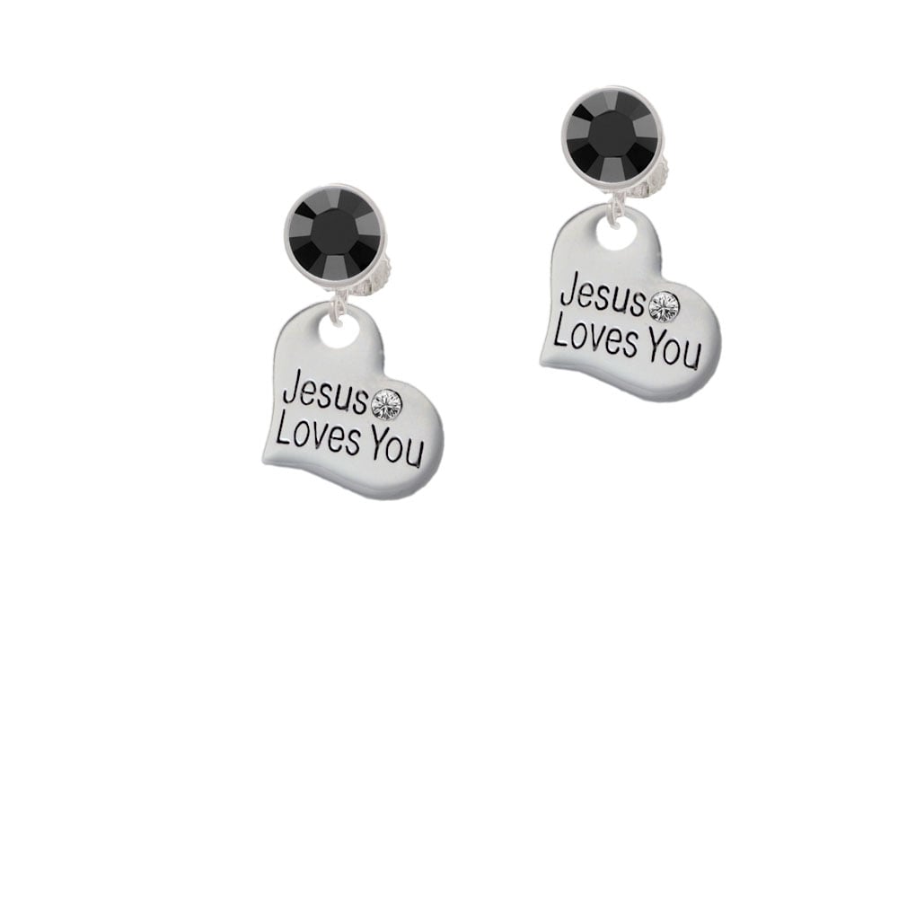 Large Jesus Loves You Heart Crystal Clip On Earrings Image 1