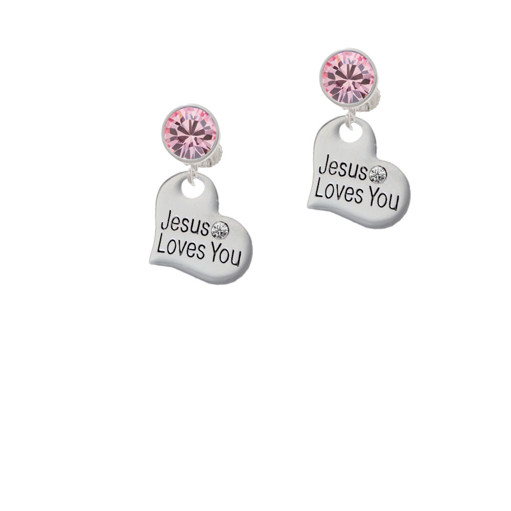 Large Jesus Loves You Heart Crystal Clip On Earrings Image 4