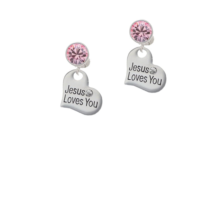 Large Jesus Loves You Heart Crystal Clip On Earrings Image 1