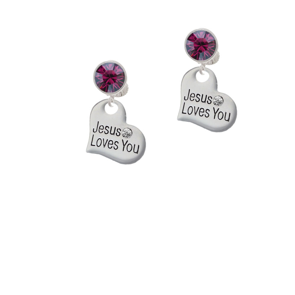 Large Jesus Loves You Heart Crystal Clip On Earrings Image 8