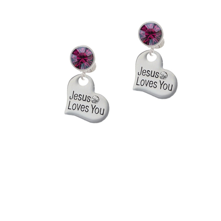 Large Jesus Loves You Heart Crystal Clip On Earrings Image 8