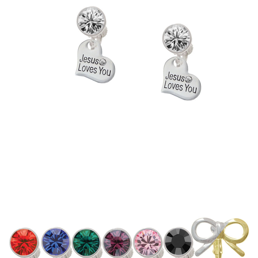 Small Jesus Loves You Heart Crystal Clip On Earrings Image 1