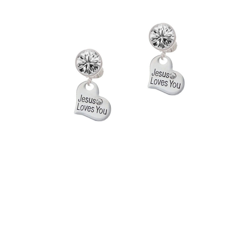 Small Jesus Loves You Heart Crystal Clip On Earrings Image 2