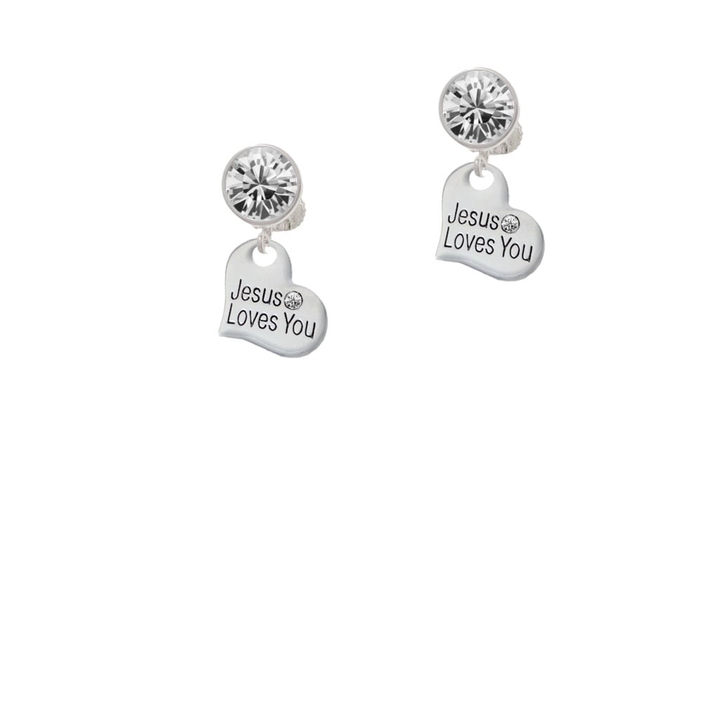 Small Jesus Loves You Heart Crystal Clip On Earrings Image 1