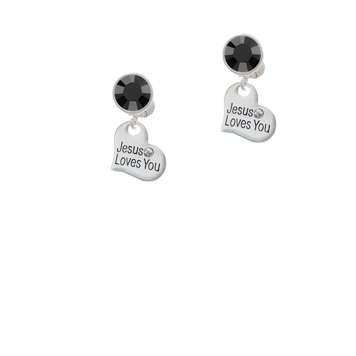 Small Jesus Loves You Heart Crystal Clip On Earrings Image 3