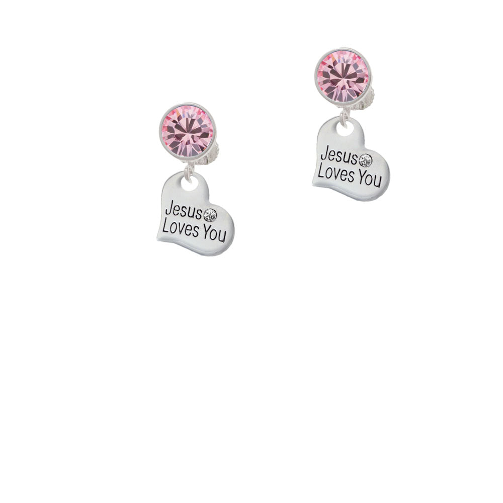 Small Jesus Loves You Heart Crystal Clip On Earrings Image 4