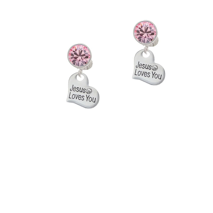 Small Jesus Loves You Heart Crystal Clip On Earrings Image 1