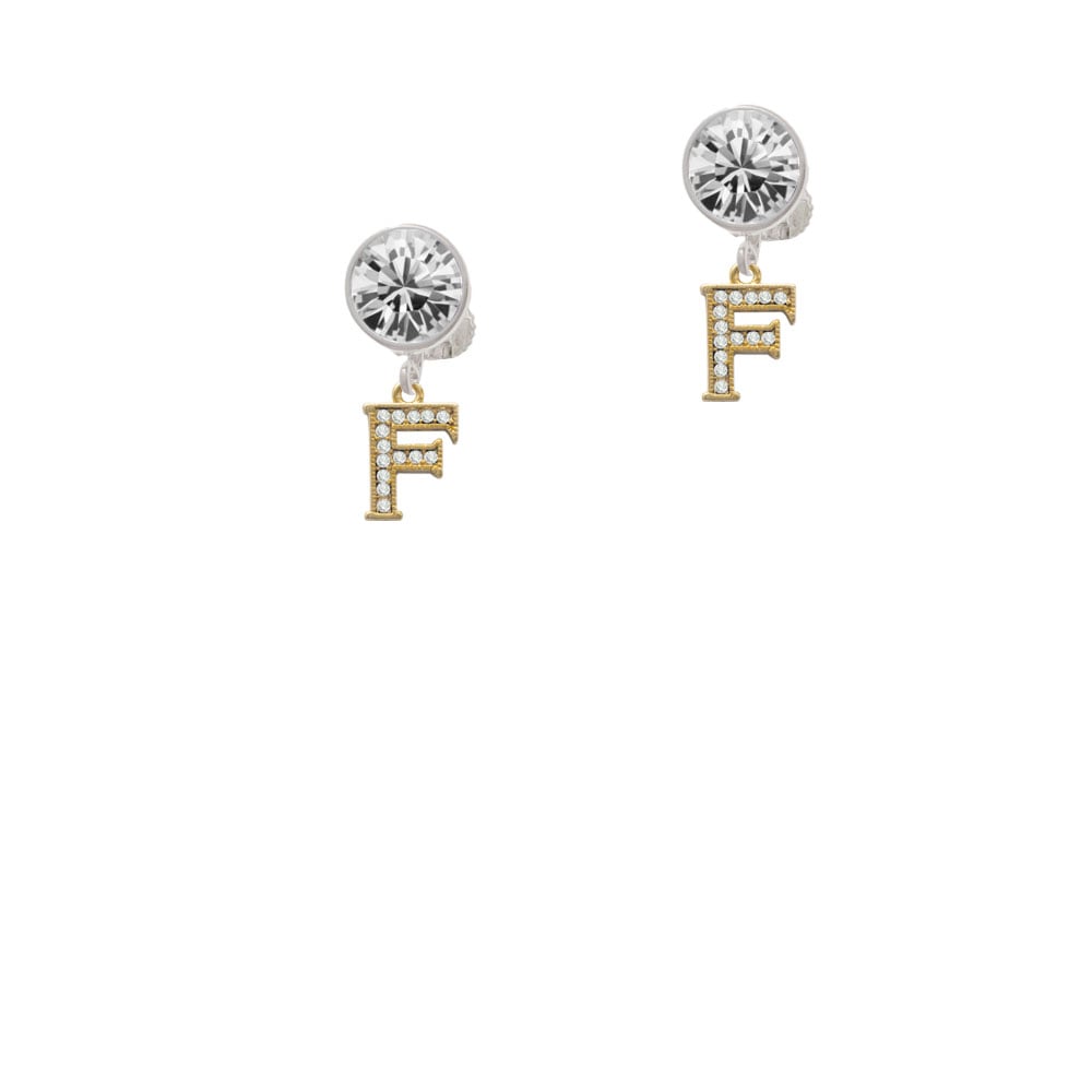 Gold Tone Small Crystal Initial - F - Crystal Clip On Earrings Image 1