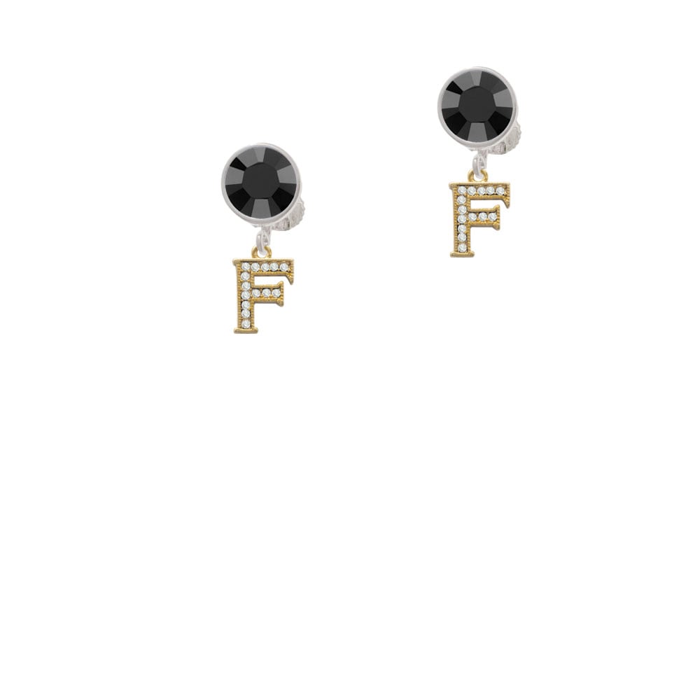 Gold Tone Small Crystal Initial - F - Crystal Clip On Earrings Image 1