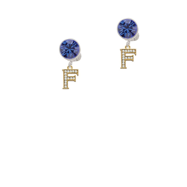 Gold Tone Small Crystal Initial - F - Crystal Clip On Earrings Image 1