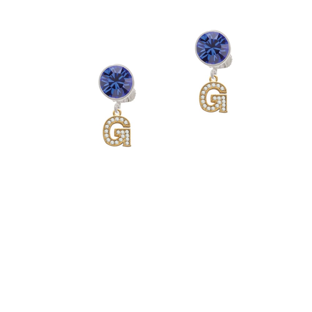 Gold Tone Small Crystal Initial - G - Crystal Clip On Earrings Image 1