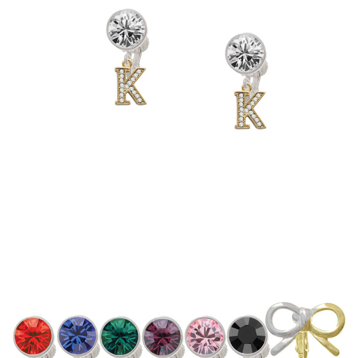 Gold Tone Small Crystal Initial - K - Crystal Clip On Earrings Image 1