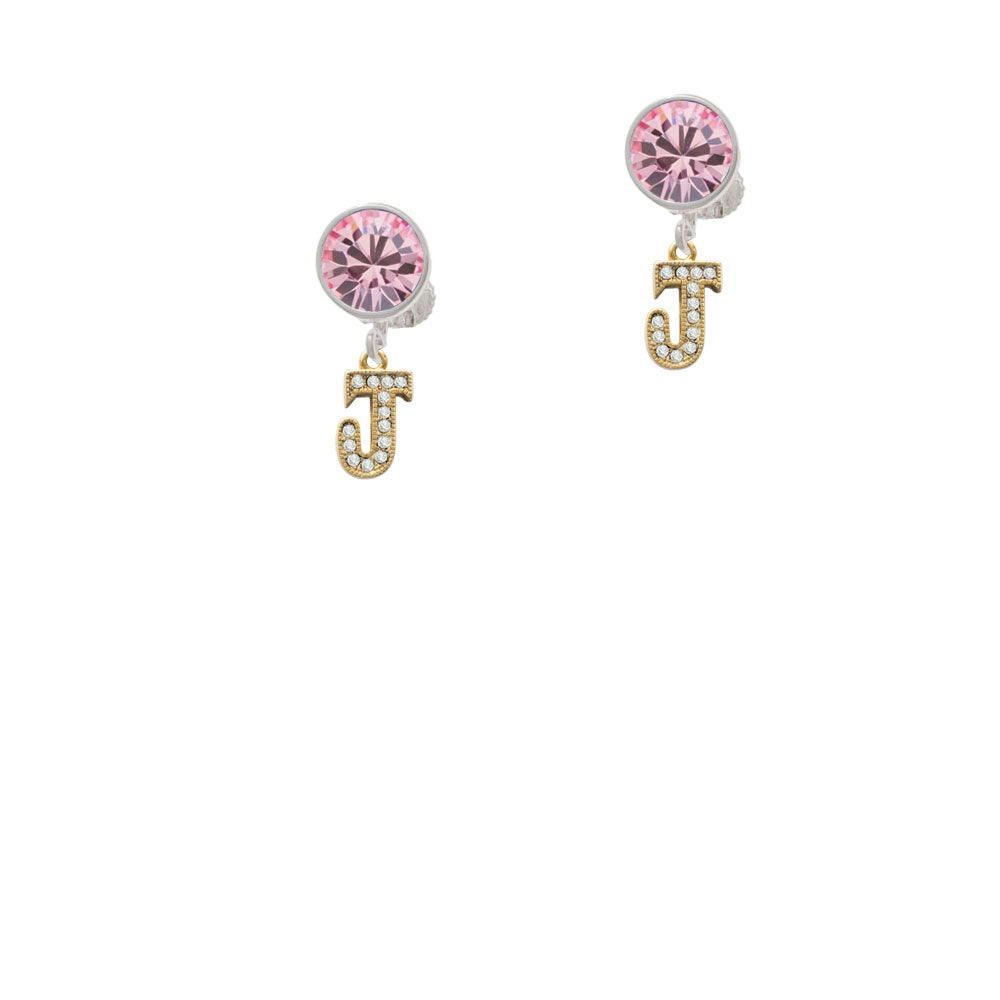 Gold Tone Small Crystal Initial - J - Crystal Clip On Earrings Image 4