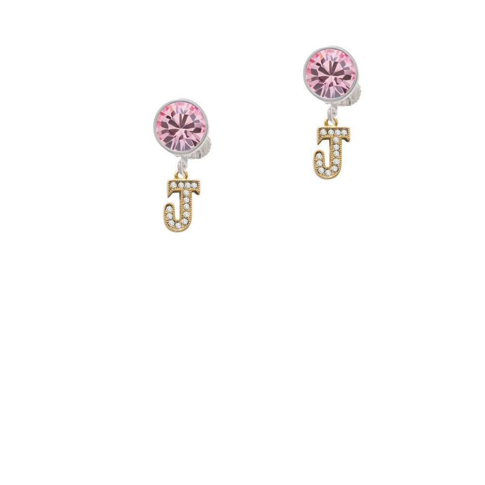 Gold Tone Small Crystal Initial - J - Crystal Clip On Earrings Image 1