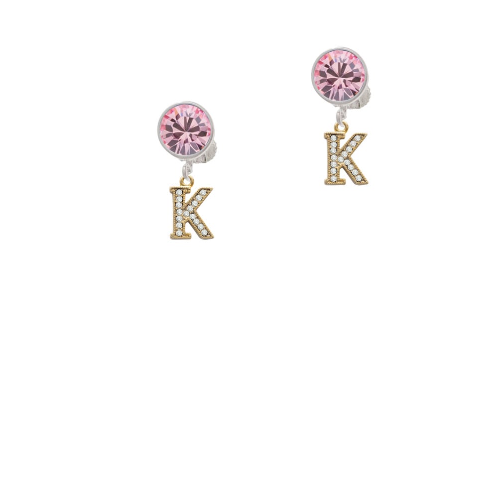 Gold Tone Small Crystal Initial - K - Crystal Clip On Earrings Image 1