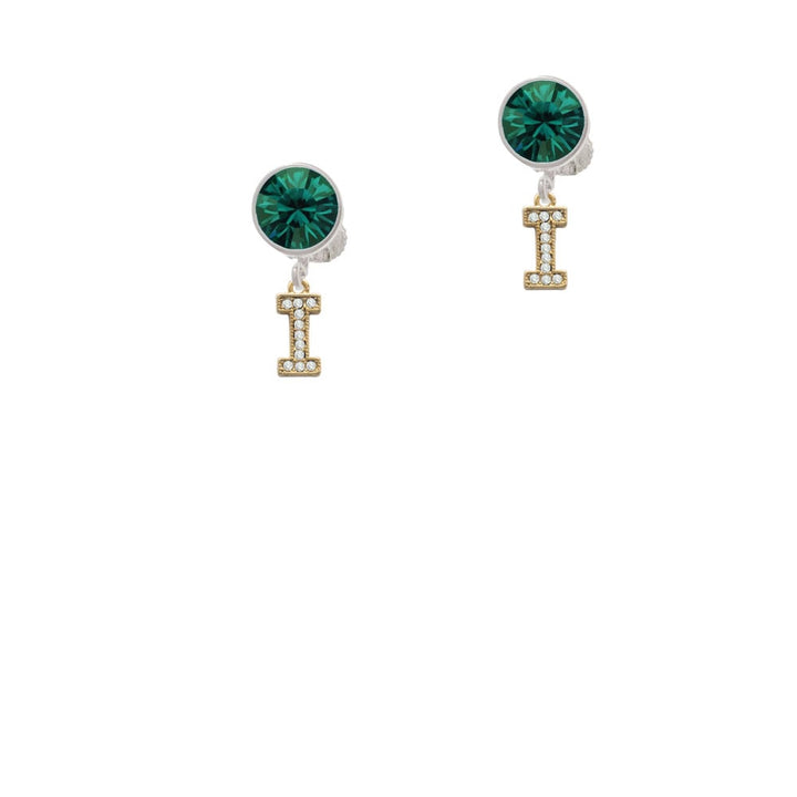 Gold Tone Small Crystal Initial - I - Crystal Clip On Earrings Image 6