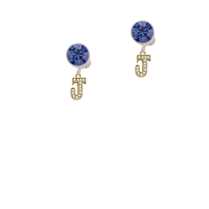 Gold Tone Small Crystal Initial - J - Crystal Clip On Earrings Image 7