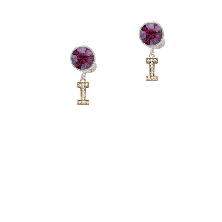 Gold Tone Small Crystal Initial - I - Crystal Clip On Earrings Image 8